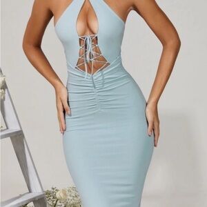 Oh Polly Sky Blue Lace-Up Midi Dress